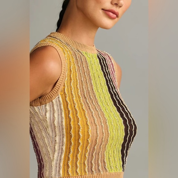 Anthropologie Eva Franco Crewneck Sweater Vest 3D Knit Crop Womens Striped - Picture 3 of 9